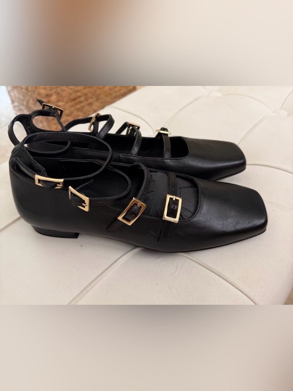 Alohas Classic Black Leather Mary Jane Flats with Gold Buckles